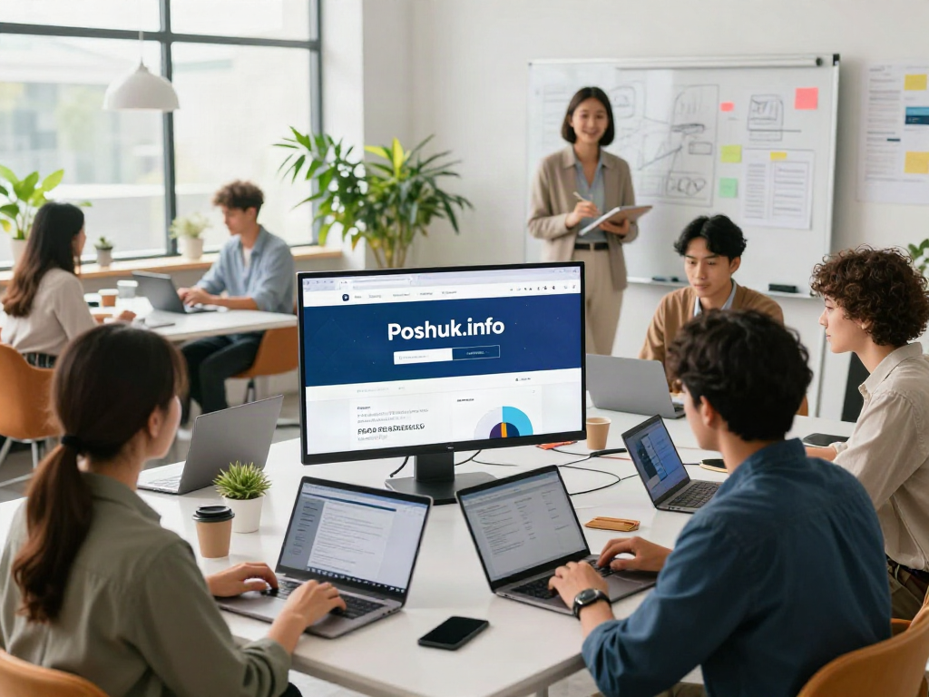 Dynamic collaborative workspace showcasing site poshuk.info with diverse professionals engaging around digital services.