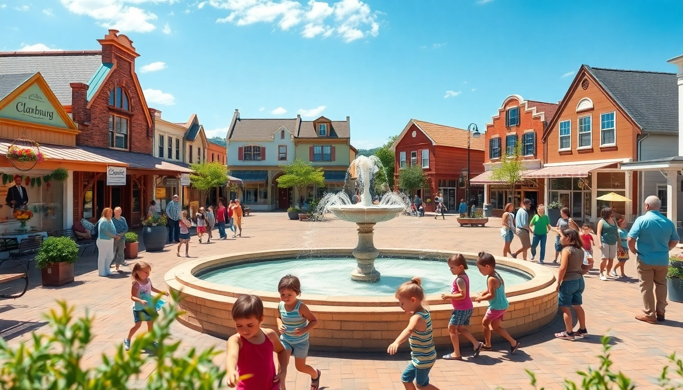 Clarksburg town square with families and local artists enjoying a sunny day.