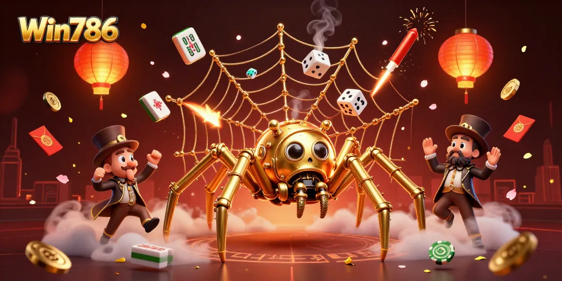 Win786's captivating casino scene with a steampunk spider and vibrant game elements