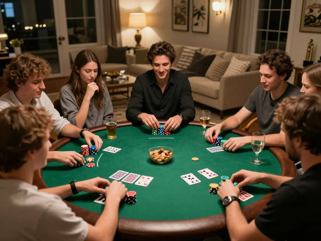 Engaged players at a home poker night on https://cm888.mobi/, showcasing colorful chips and friendly competition.