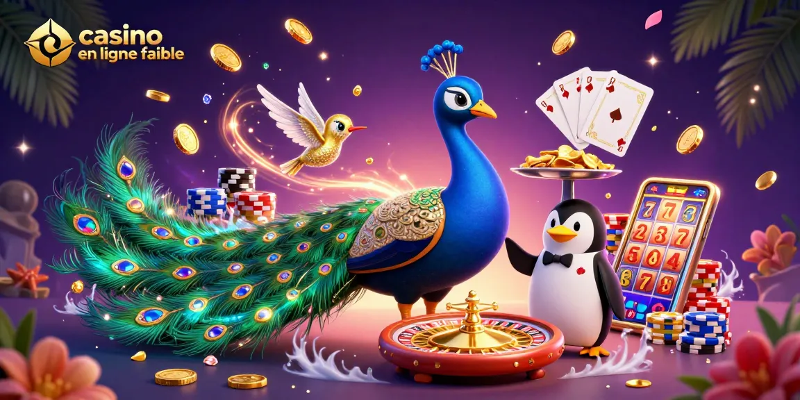 Jeux captivants au casino en ligne fiable avec un paon aristocratique spectaculaire et un pingouin serveur.
