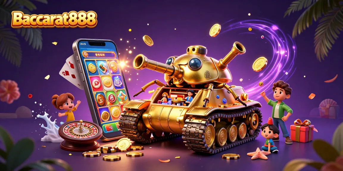 Experience Baccarat888 excitement with a dynamic casino scene featuring a golden beetle tank and casino elements.