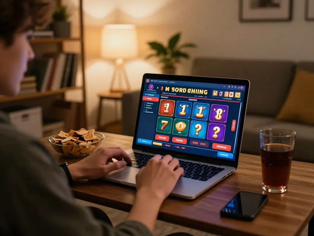 Person enjoying an engaging 9bet online casino game on a laptop in a cozy home setting.