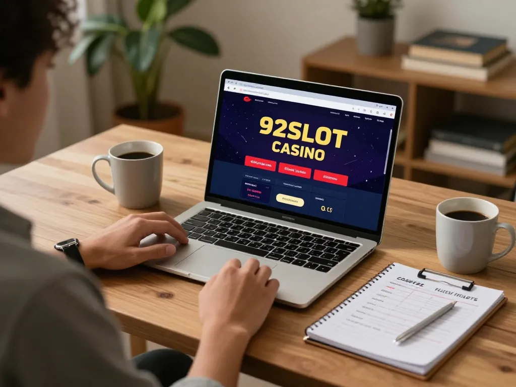 Engaging in online gaming at 92slot, a person actively places bets while reviewing strategies at their desk.