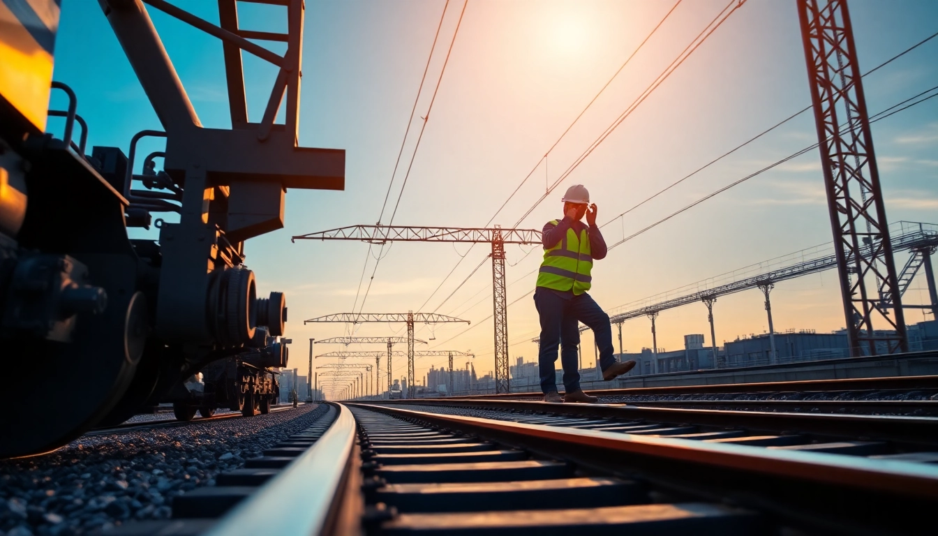 Inspecting an ows rail track installation with heavy machinery and sunset glow.