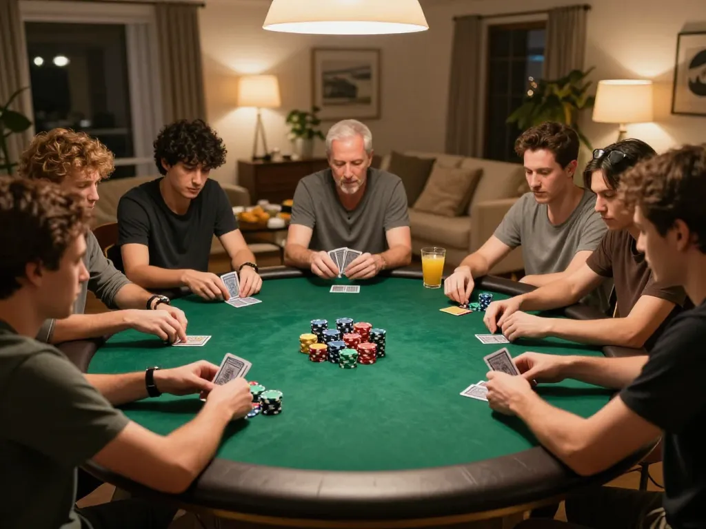 Pemain menikmati permainan poker yang mendebarkan di rumah, menunjukkan strategi m88 dengan chip berwarna-warni dan ekspresi fokus.
