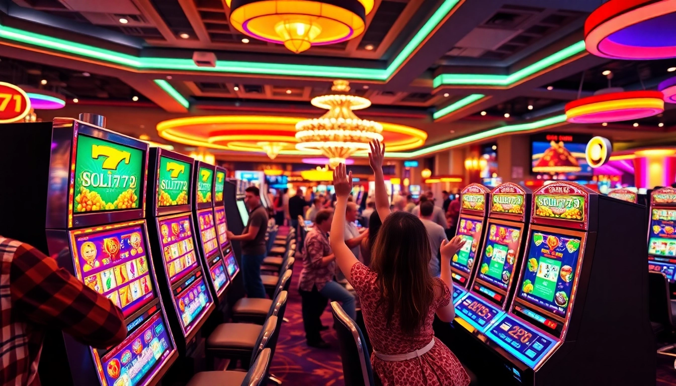Menangkan jackpot di slot777 dengan mesin slot yang berwarna-warni dan pemain yang gembira.