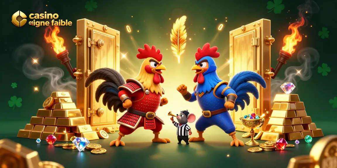 Découvrez une illustration dynamique de casino en ligne fiable avec des coqs combattants en 3D.