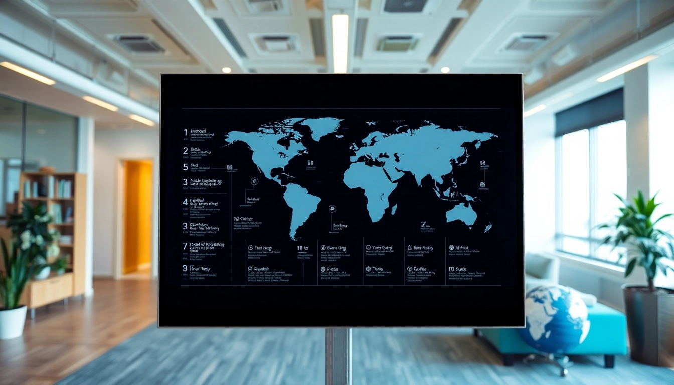 Showcase the global business directory interface in a modern workspace environment.