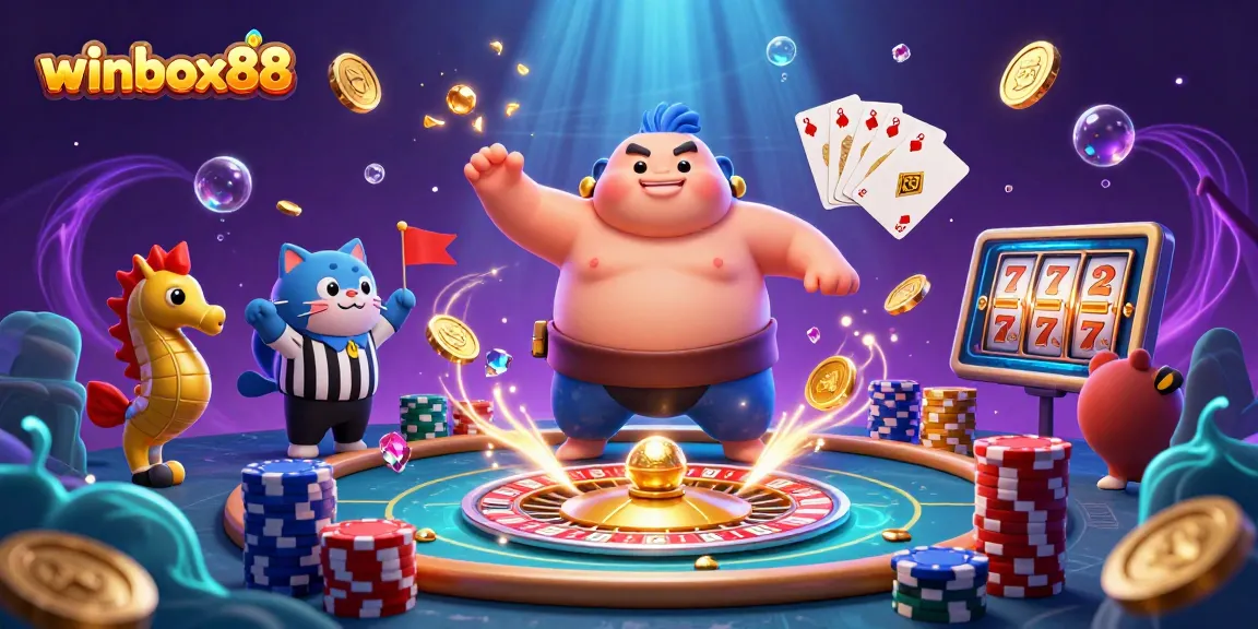 Winbox88 animated fugu and catfish referee navigating a vibrant underwater casino scene.