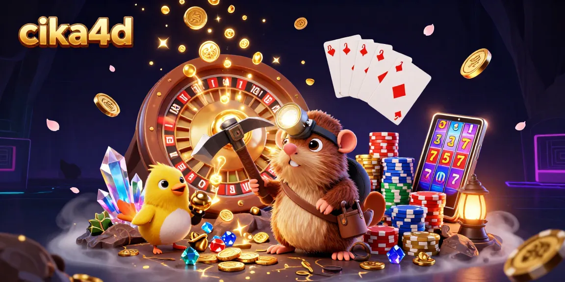 Cika4d treasure hunter mole discovers riches in a vibrant casino scene filled with gold coins and gems.