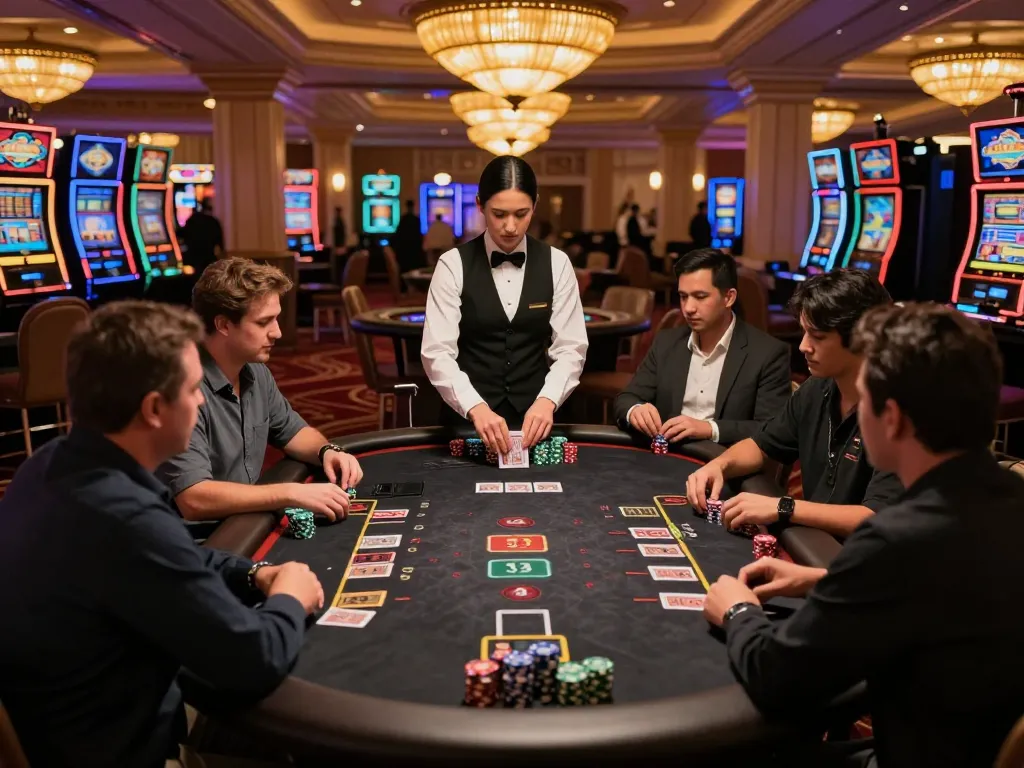 Players engaging in a strategic blackjack game at VA88 casino table with dealer and chips visible.