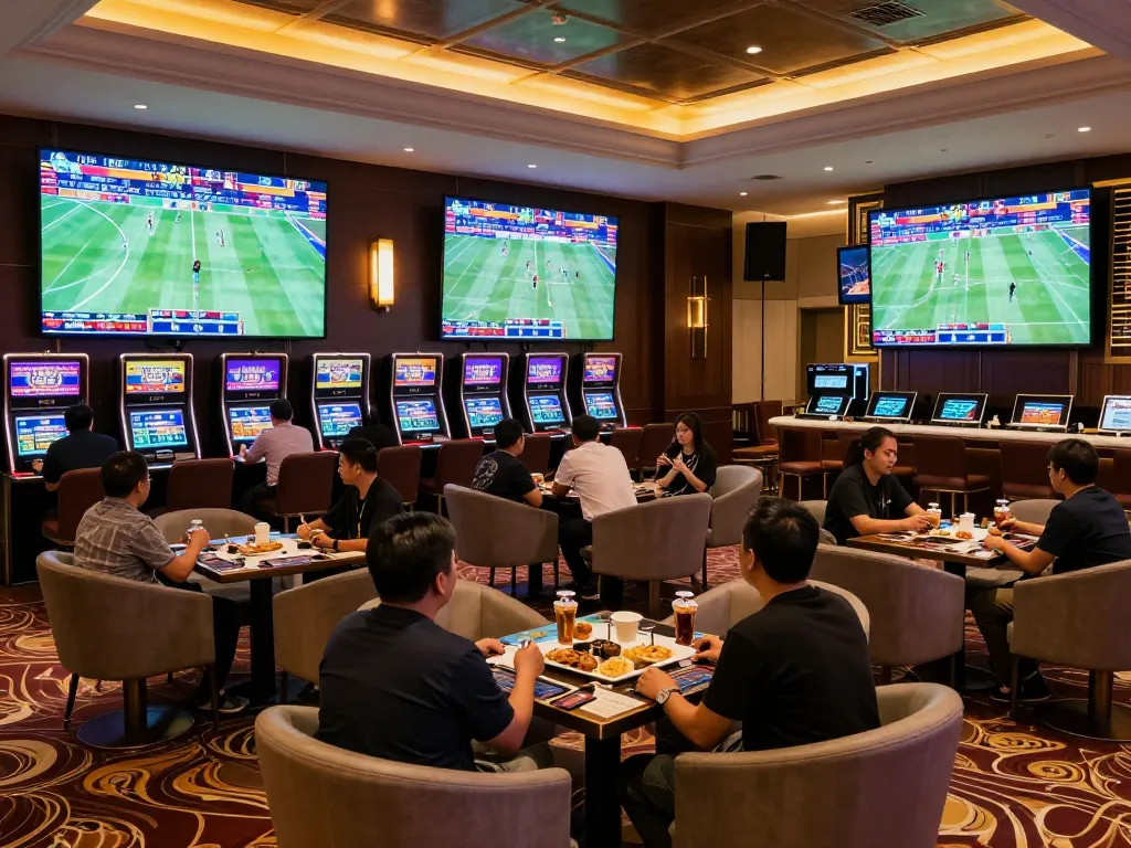 Patrons engaging in live sports bets at stylish lounge, keonhacaii88 enhances the betting experience.