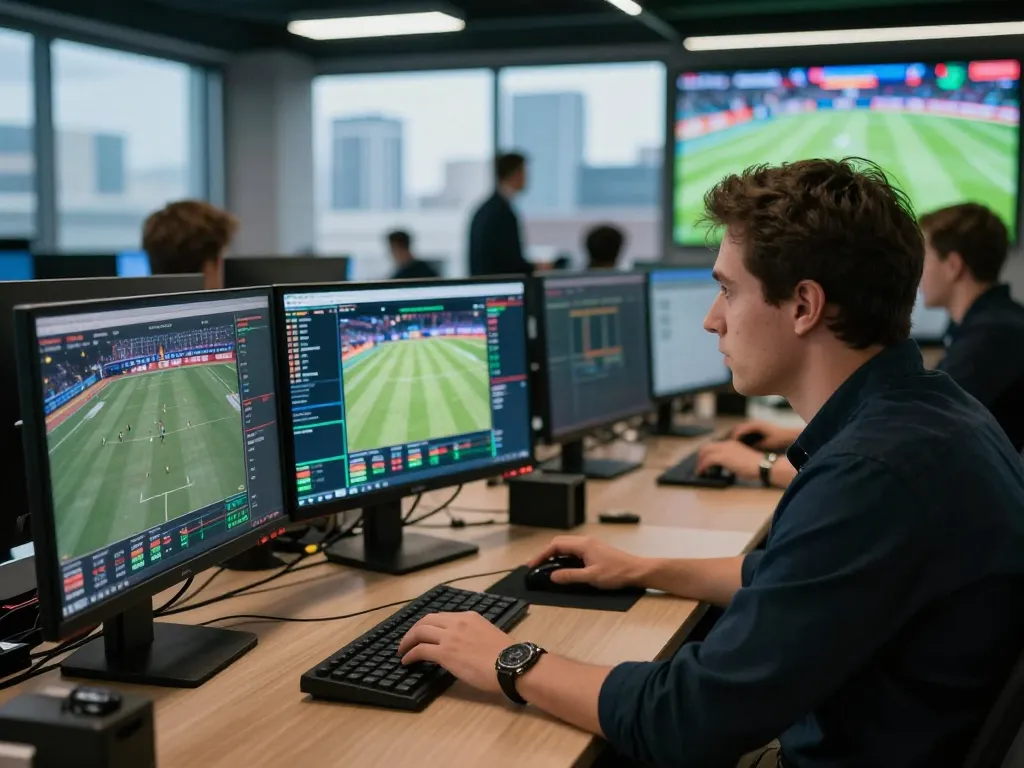 Engaging scene of sports betting analysis at Bongdallu with live data and focused strategizing.