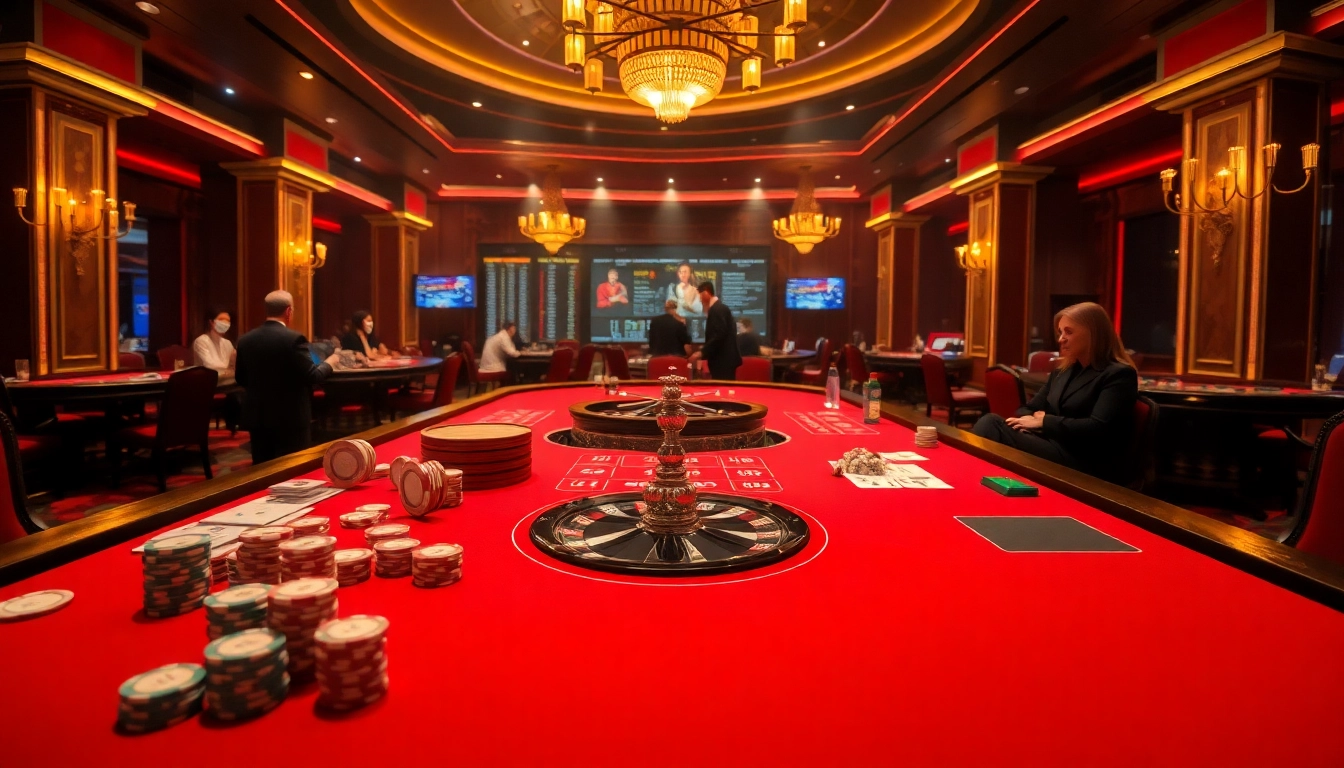 Engaging gaming scene at new88 casino with poker chips and a roulette wheel.