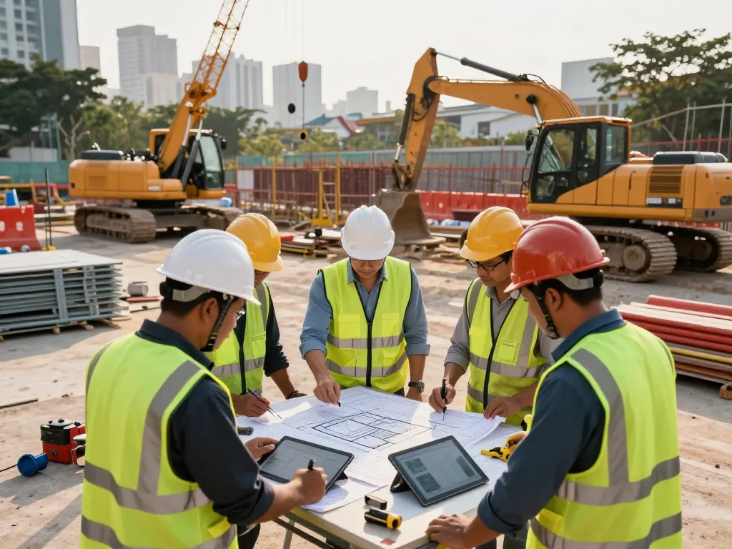 Construction workers collaborating on bóc plastic hà nội project in Hanoi, bustling site with machinery and safety gear.