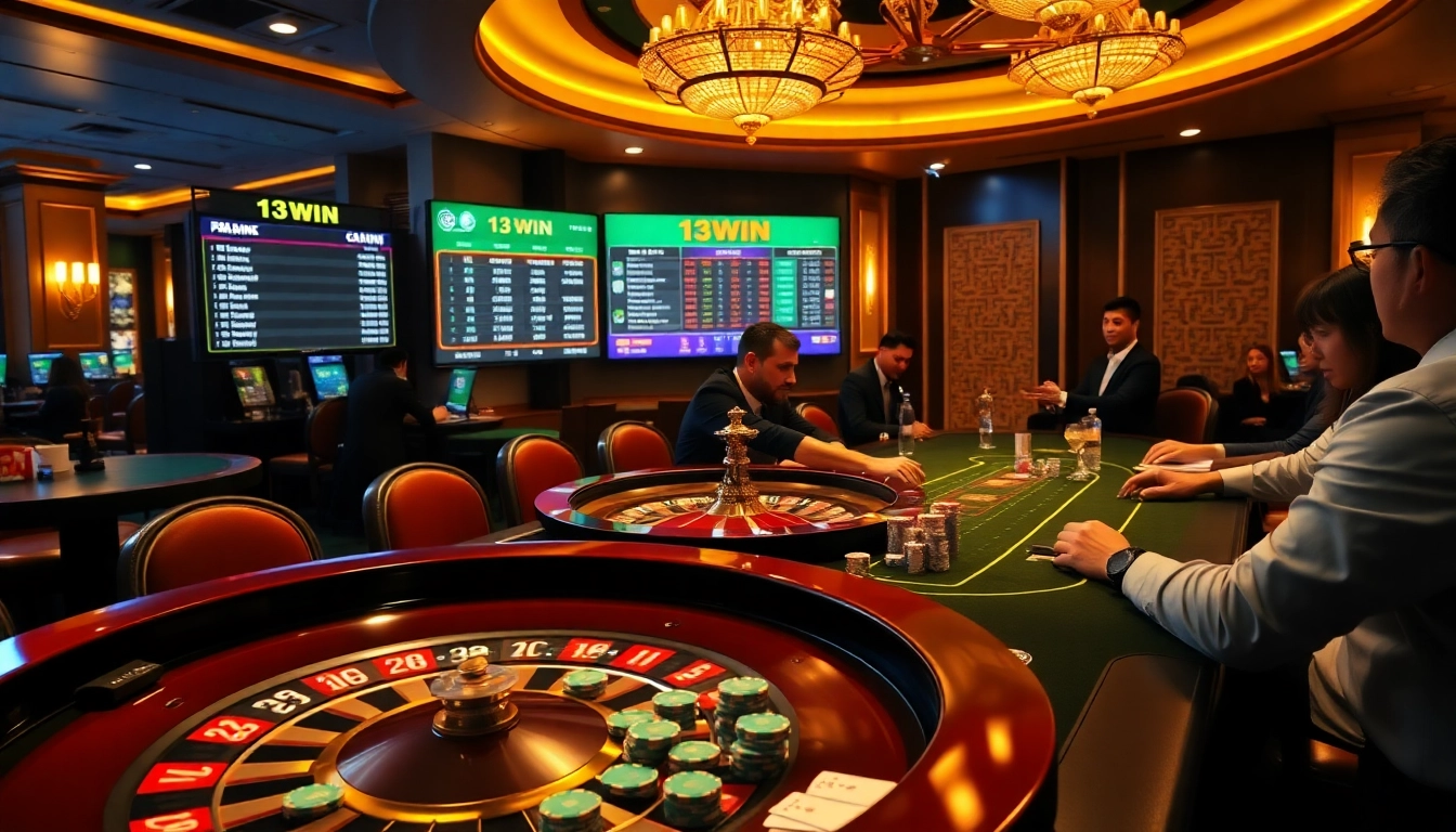 Exciting gameplay at 13win casino showcasing poker and roulette on a luxurious table.