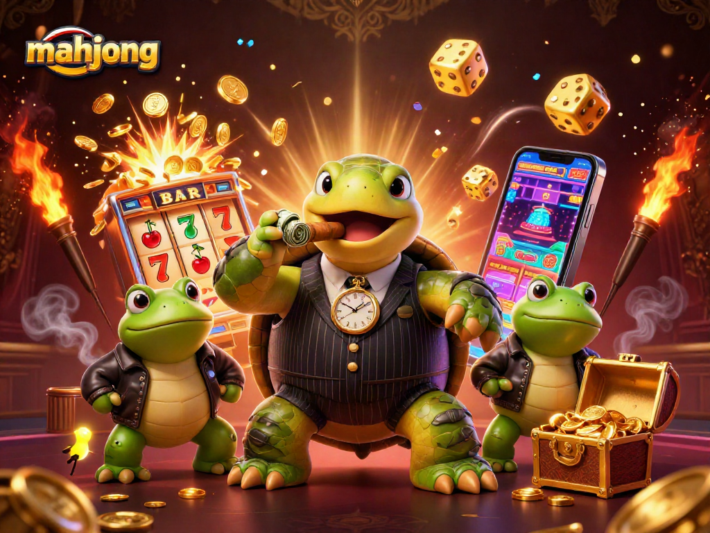 Experience mahjong excitement with a cartoon snapping turtle mobster at a lively casino!