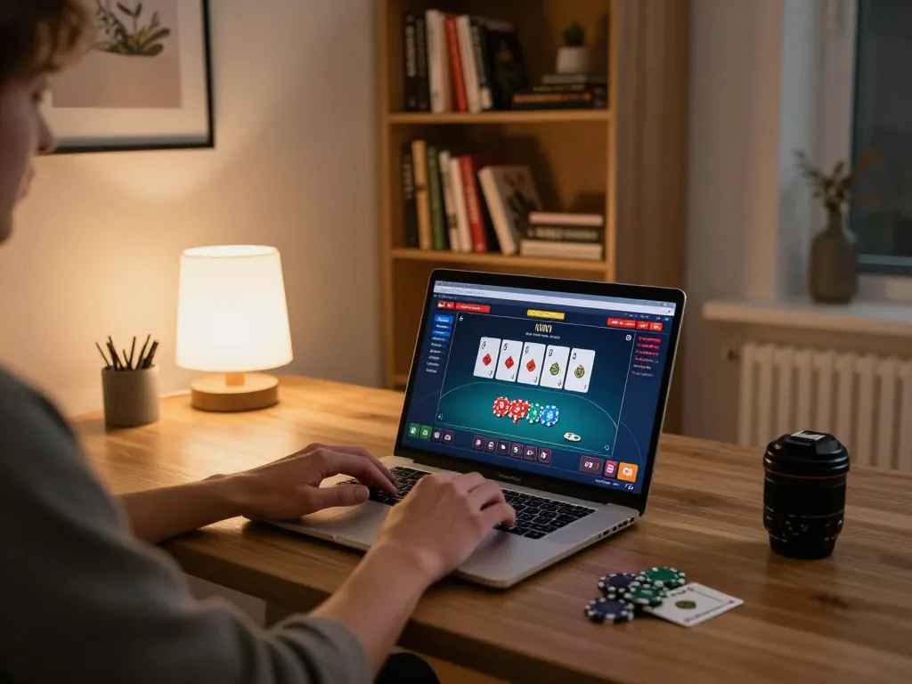 Engaging online poker gameplay on Onbet, showcasing a player strategizing bets at home.