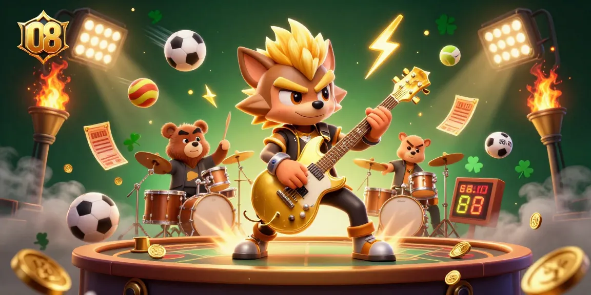 O8 engages players with a dynamic casino scene featuring a rock star wolf and a bear drummer.