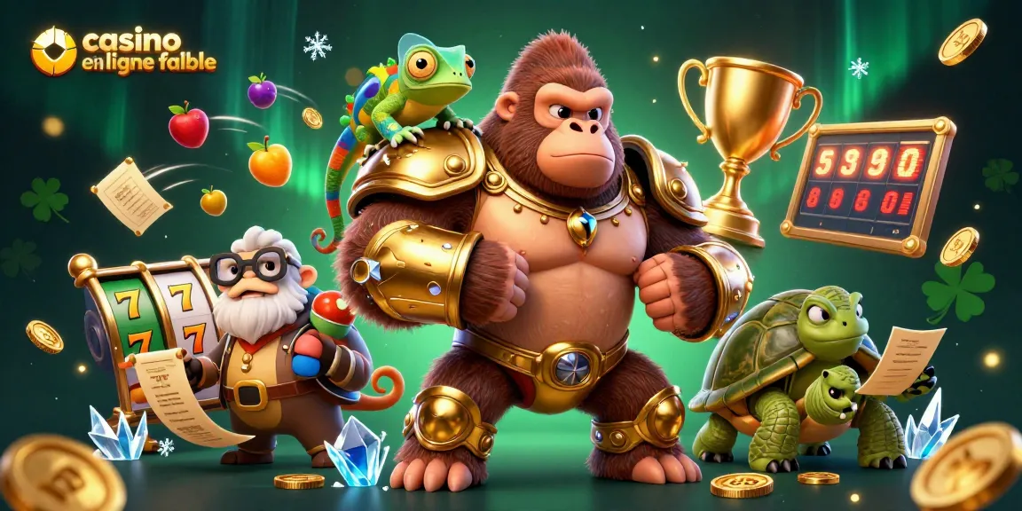 Jouer sur un casino en ligne fiable avec un gorille puissant et un caméléon, entouré de jackpots et de symboles chanceux.