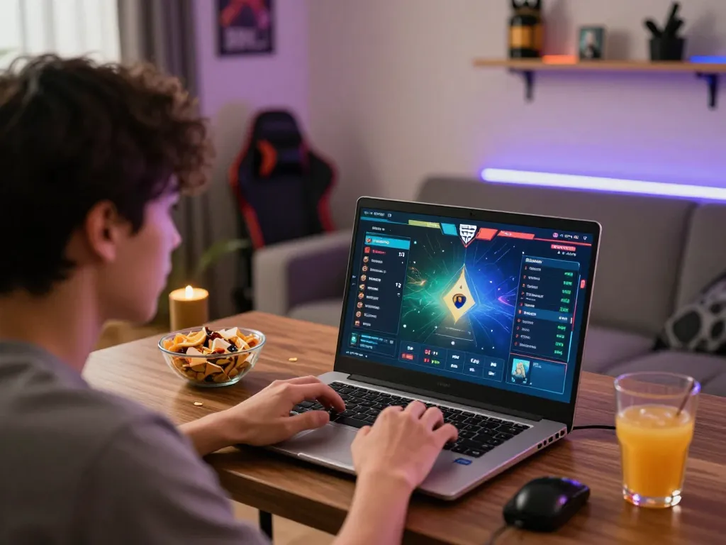 King33 user engaging in esports betting while watching a live stream in a modern gaming setup.