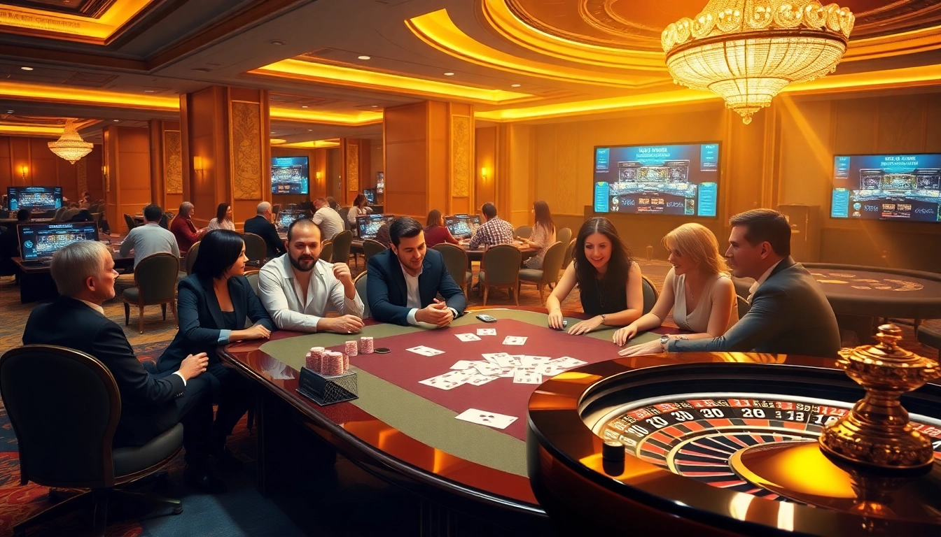Découvrez l'excitation des casinos en ligne avec des joueurs profitant du poker à une table de jeu de luxe.