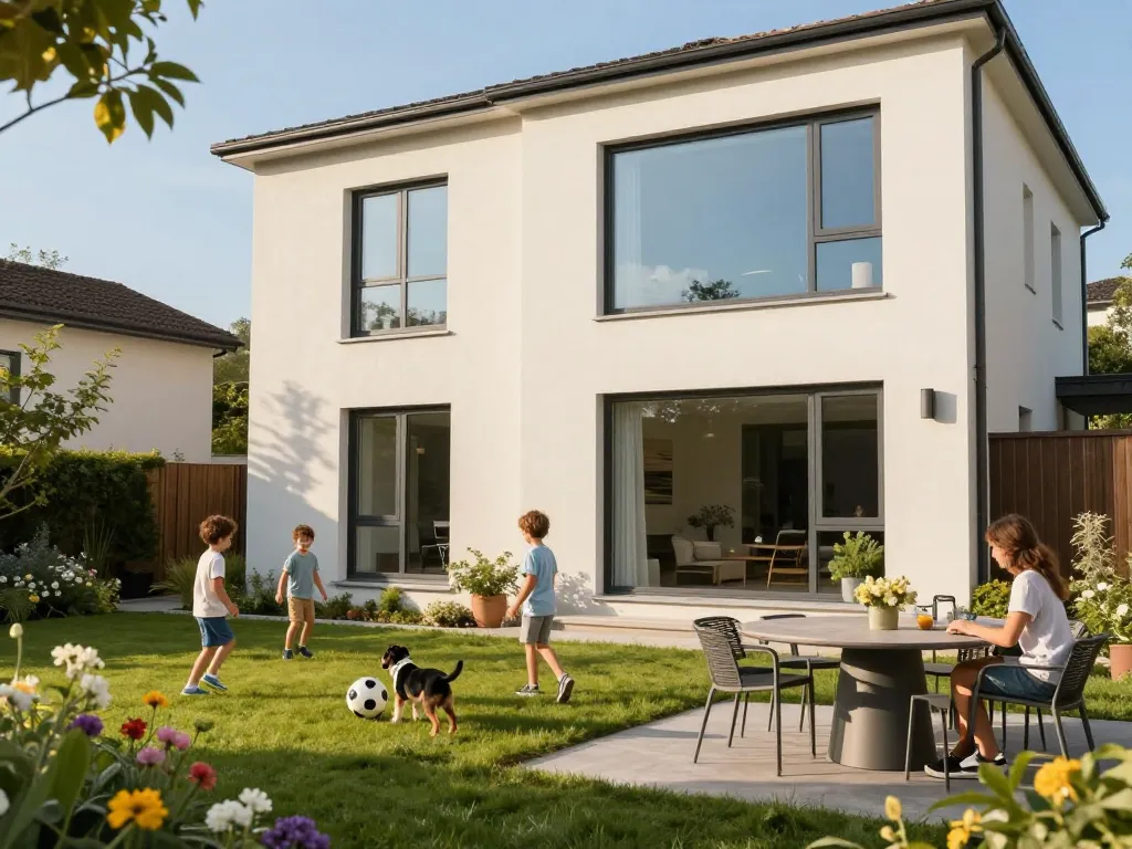 Helles Familienhaus mit Fenstern von Schüco und einer Gartenszene.