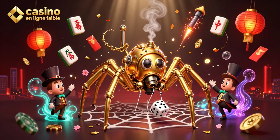 Jouez sur un casino en ligne fiable avec cette scène illustrant une araignée steampunk en 3D construisant une toile de jeux.