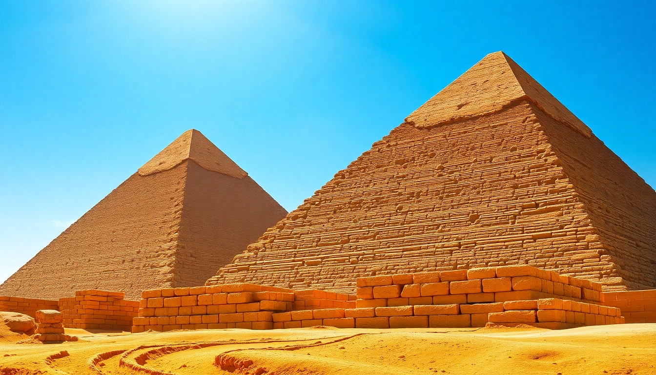 Capture the grandeur of the pyramids seen at https://piraminds.com/, showcasing their remarkable structures against a blue sky.