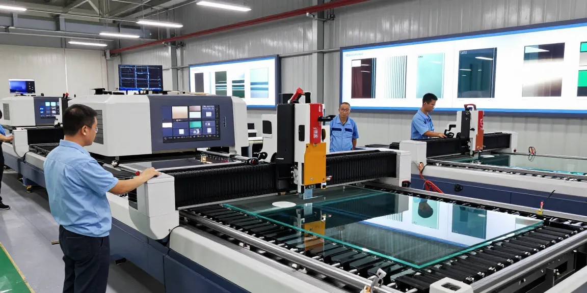 Precision glass cutting machine in an industrial facility demonstrating advanced technology and teamwork.