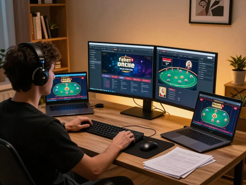 Gamer engaged with fabet online casino interface at home desk, showcasing strategic gameplay.