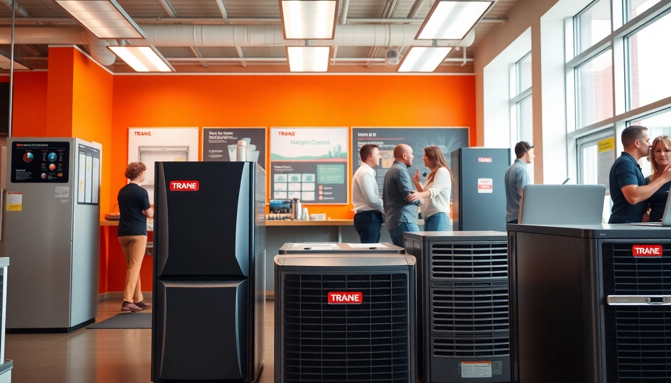 Trane furnace dealer showcasing energy-efficient models in an inviting showroom.