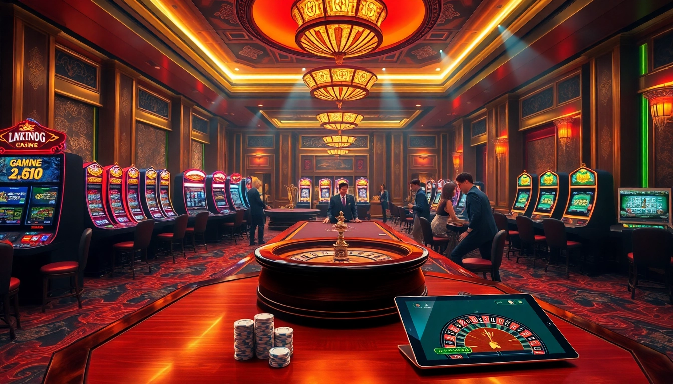 Experience the thrilling atmosphere of link 88i with players enjoying high-stakes casino games and slot machines.