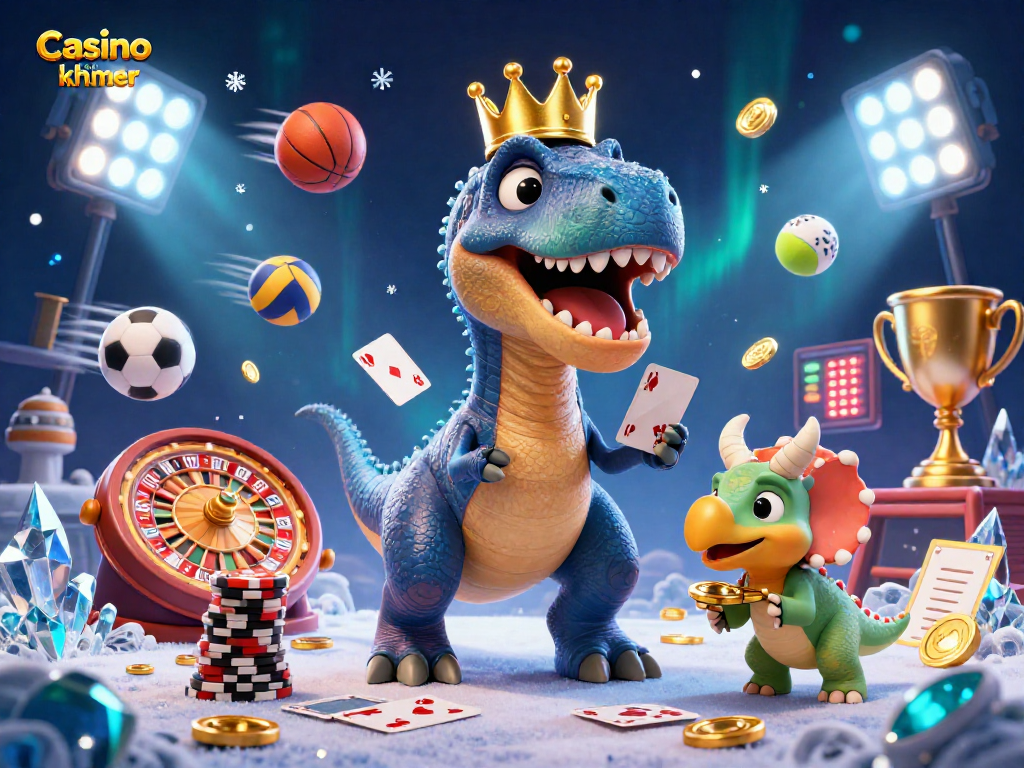 Engage with Casino online khmer through a lively 3D illustration of dinosaurs enjoying casino-themed games.