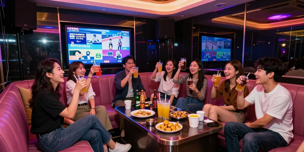 강남 가라오케에서 친구들이 즐겁게 노래하고 있는 모습