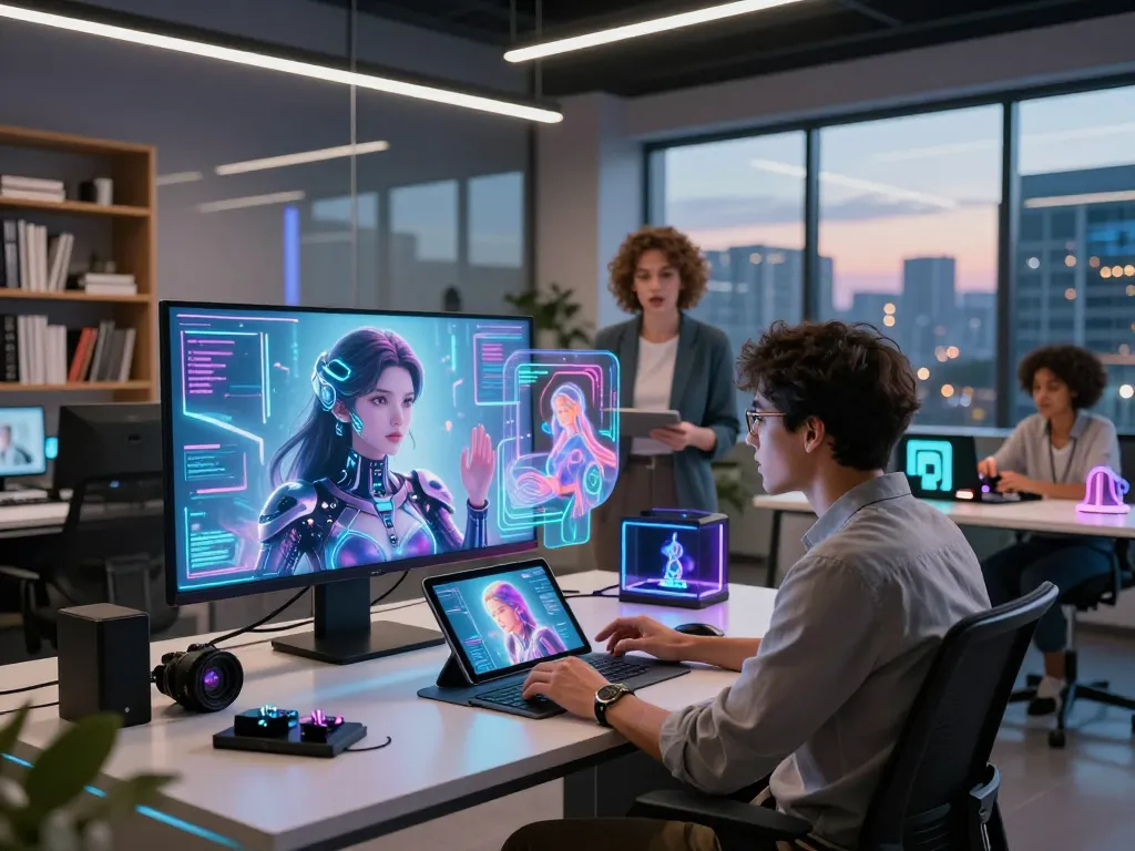 Dynamic scene of users engaging with NSFW AI technology in a futuristic workspace.