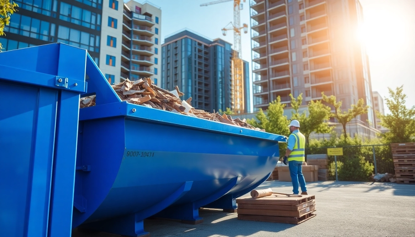 Monster Skips facilitating a construction project with a vibrant blue skip being loaded with debris.