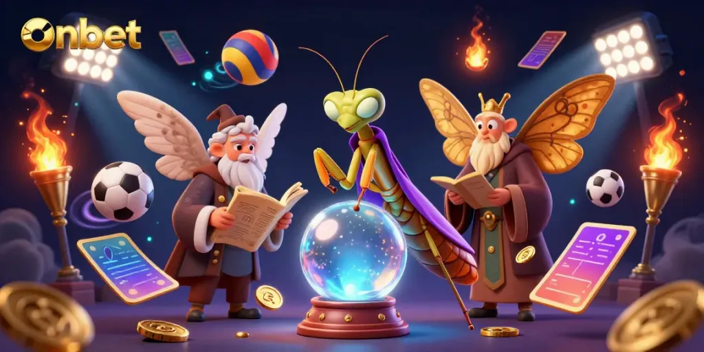 Bet on exciting games at onbet with a vibrant casino scene featuring fortune tellers and sports elements.