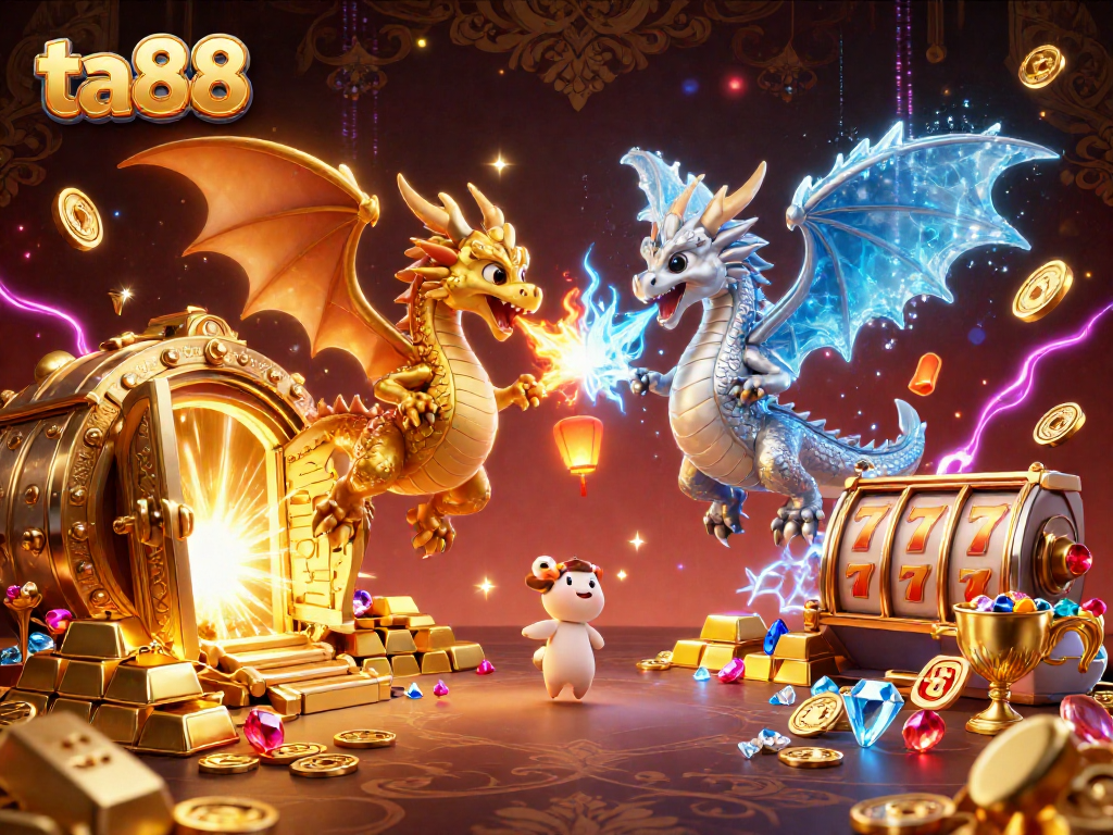 Engage with ta88 as dragons battle with fire and ice amid casino elements and treasures.