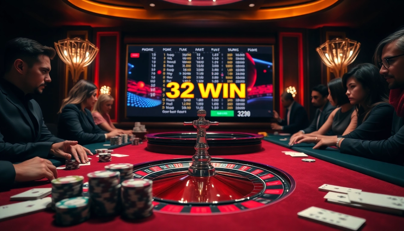 Players engaging with 32WIN's casino games, showcasing excitement and professionalism in gambling.