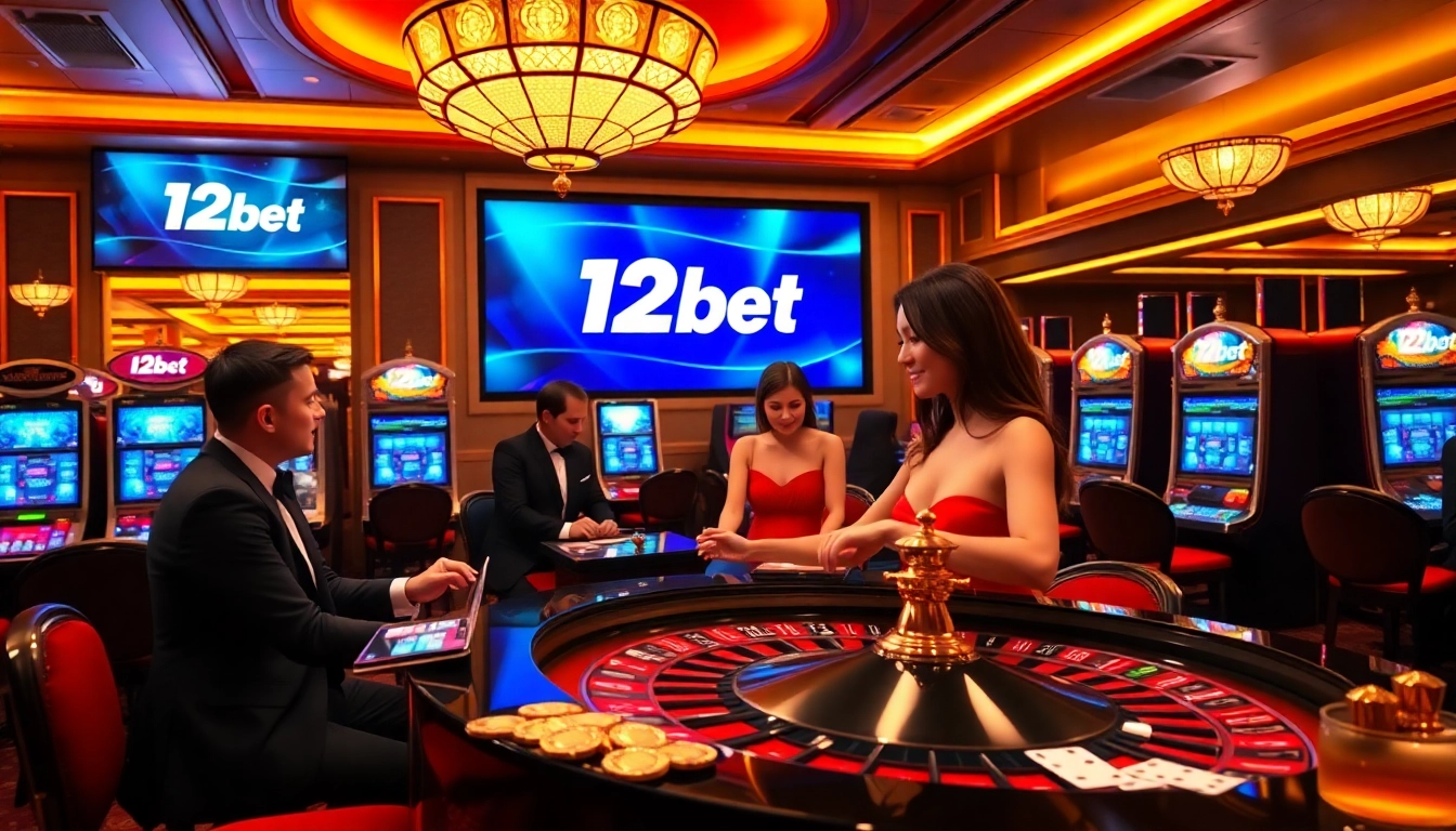 Engaging scene of online gambling featuring live dealers and 12bet branding.