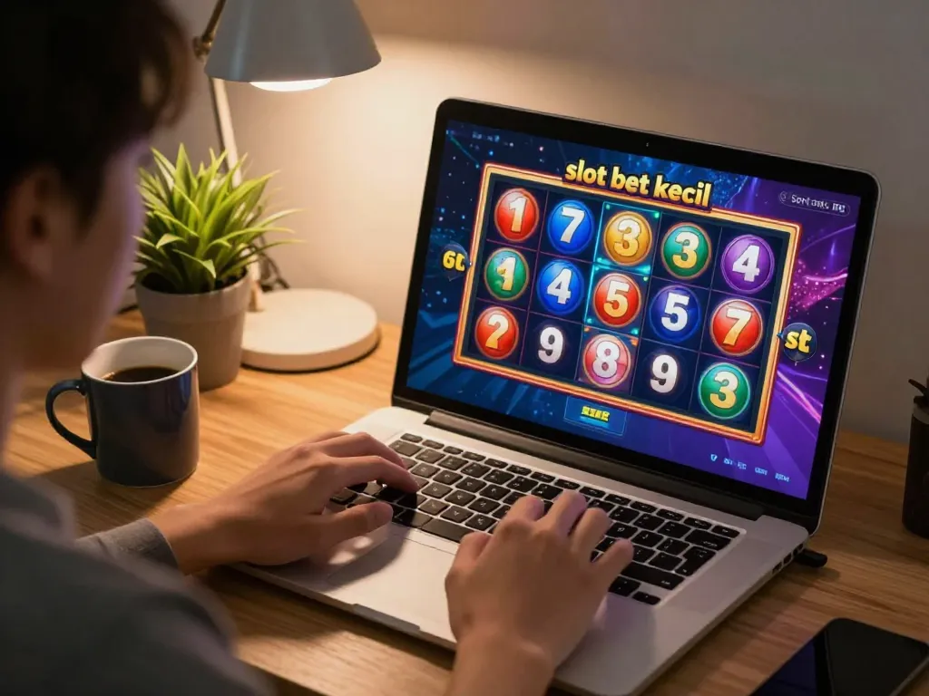 Engaging online gaming scene with 'slot bet kecil' displaying vibrant slot graphics on a laptop screen