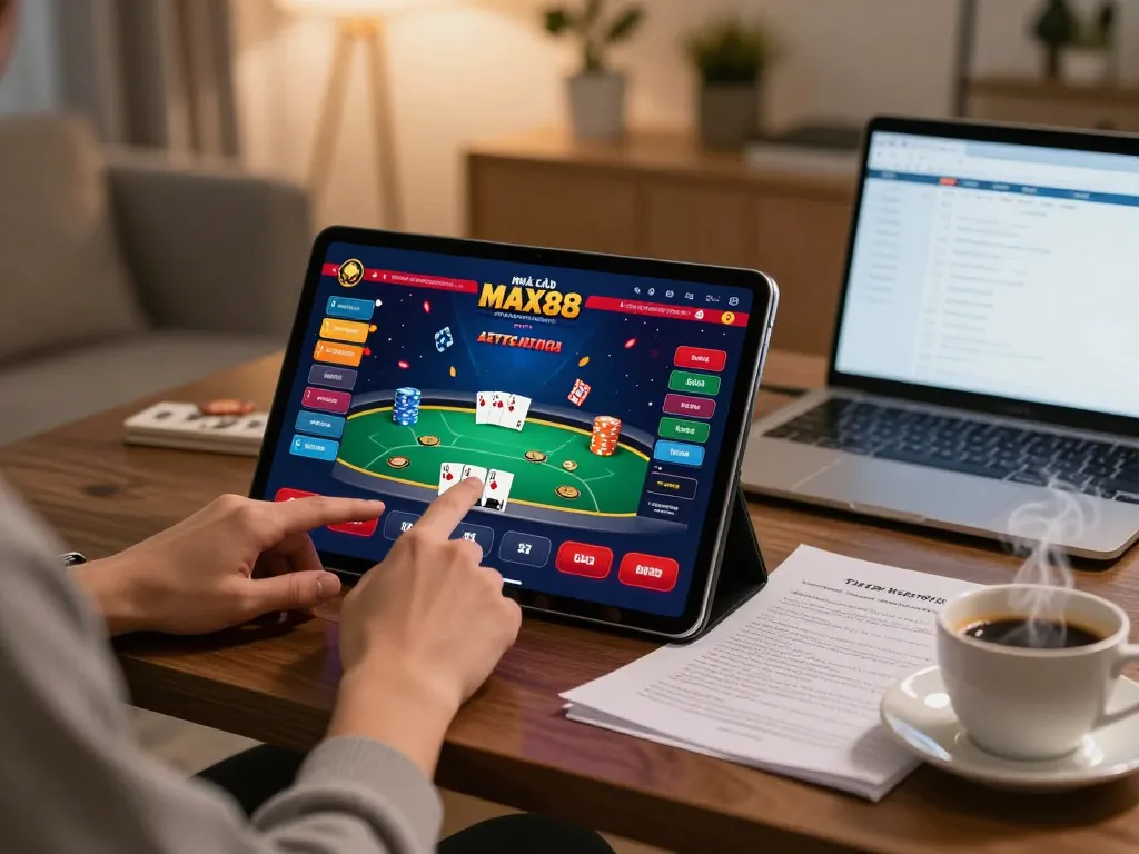 Engaging poker gameplay on a tablet at NHÀ CÁI MAX88 with cozy home ambiance.