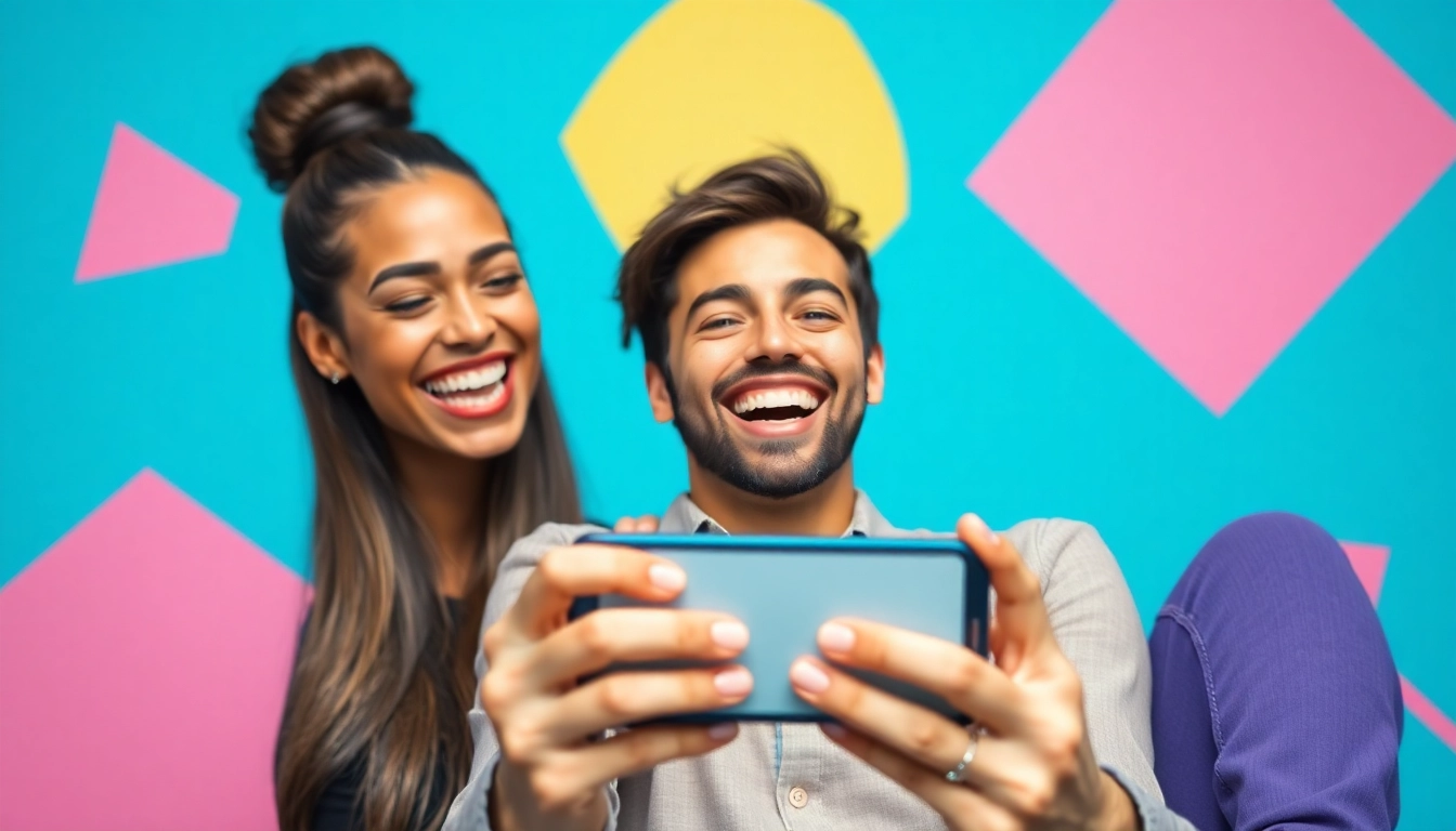Experience a creative face swap as two friends laugh and enjoy a smartphone in a colorful, lively setting.