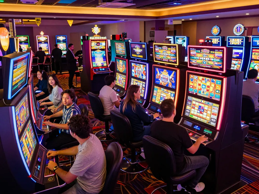 Players enjoying dynamic slot games at lu88.com with bright screens and thrilling action