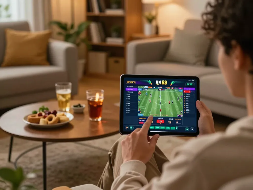 Engaging moment of placing a bet on MM 88 via tablet in a cozy home setting.