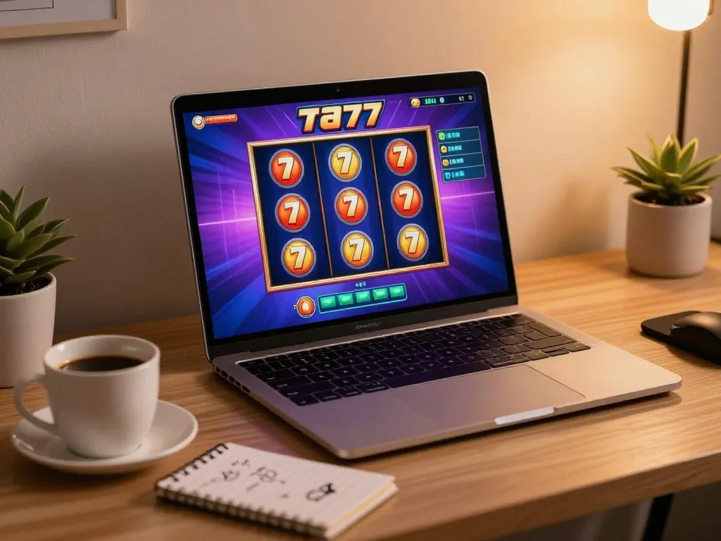 Playing slot777 on a laptop at home, showing online gaming setup for a strategic experience.