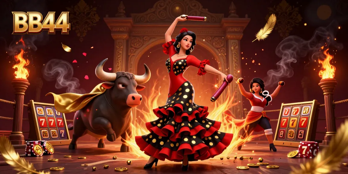Experience excitement at BB44 with a vibrant casino scene featuring a flamenco dancer, bull, and slot symbols.