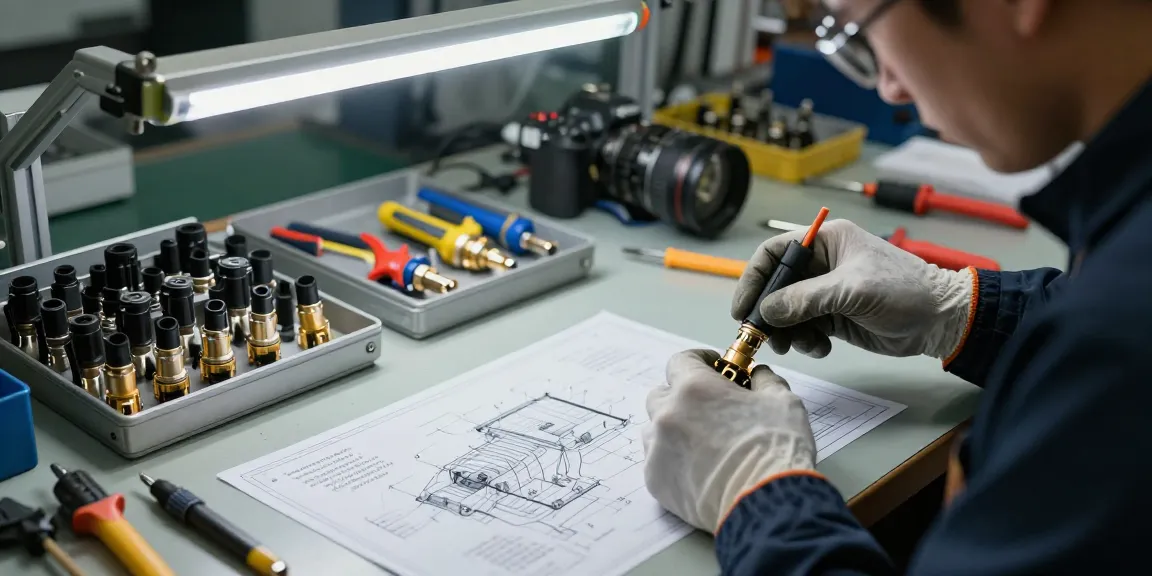 Technician assembling geophone connectors in an industrial workshop.